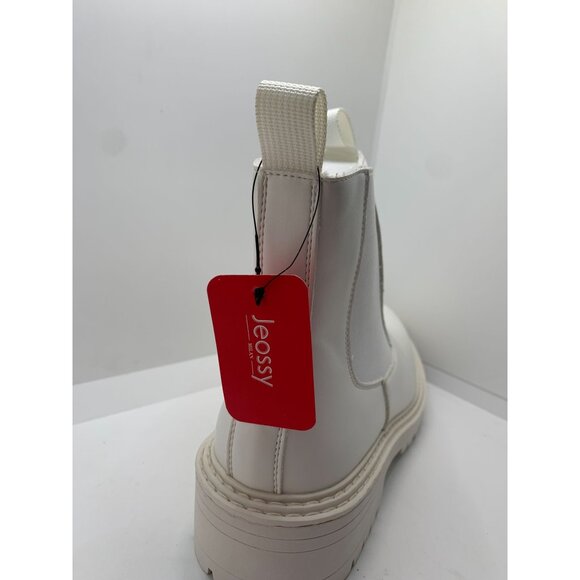 White Chunky Sole Vegan Leather Chelsea Boots With Elastic Side Panels & Pull Tz - Picture 3 of 3